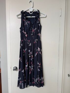 Ann Taylor Navy Floral Ruffle-Trim Midi Dress